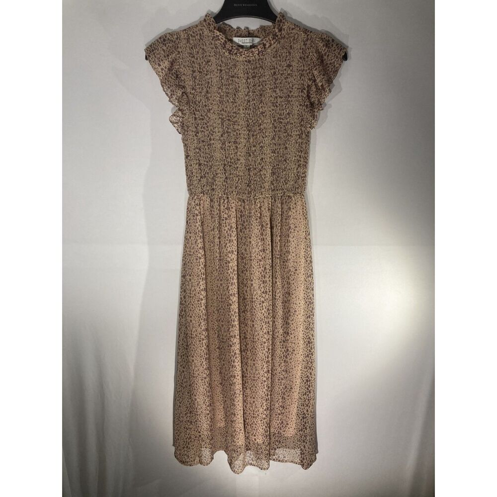 Sweet Rain Smocked Mock Neck Midi Dress Small Tan Leopard Spotted Flutter Sleeve